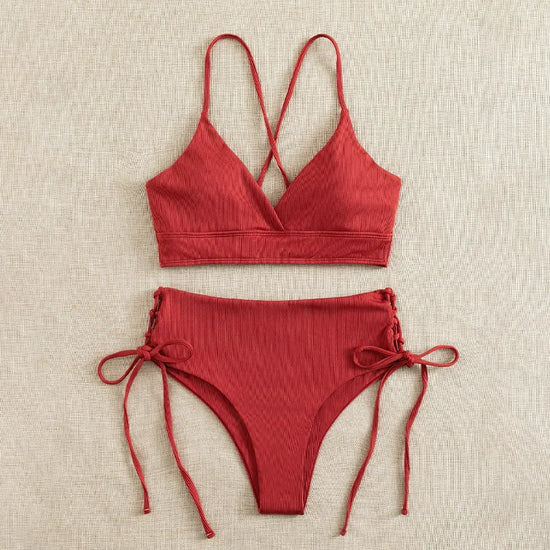 ✨ Buy 1, Get 1 Free | Naiya V-Neck Split Bikini Set – Sexy Lace-Up Swimsuit for Women