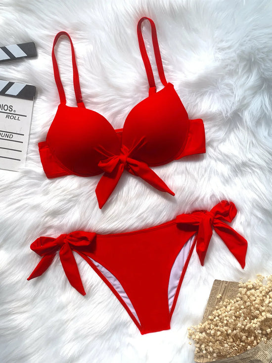 ✨ Buy 1, Get 1 Free | Naiya Sexy Front Bow Knot Push-Up Bikinis Set - Two-Piece Solid Swimsuit