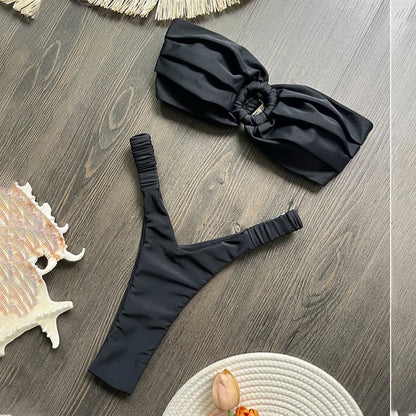 ✨ Buy 1, Get 1 Free | Naiya Solid Thong Bikini Set – Sexy Bandeau Brazilian Swimwear